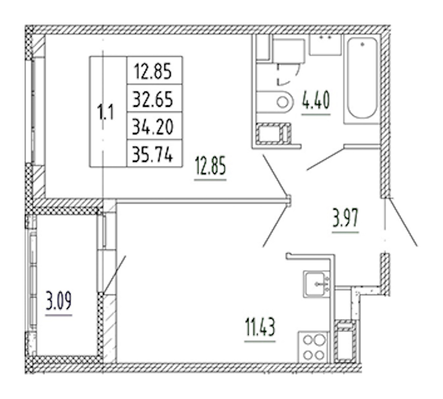 1-комнатная квартира 32.65 м², 10/10 эт., ЖК «Полис Приморский 2»